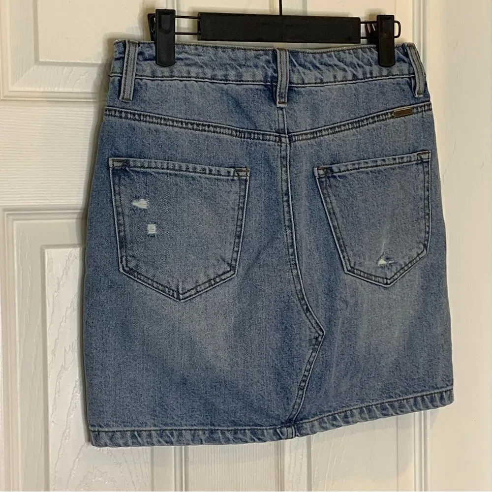 Kancan Light Wash Distressed High Rise Denim Skirt Size Small
